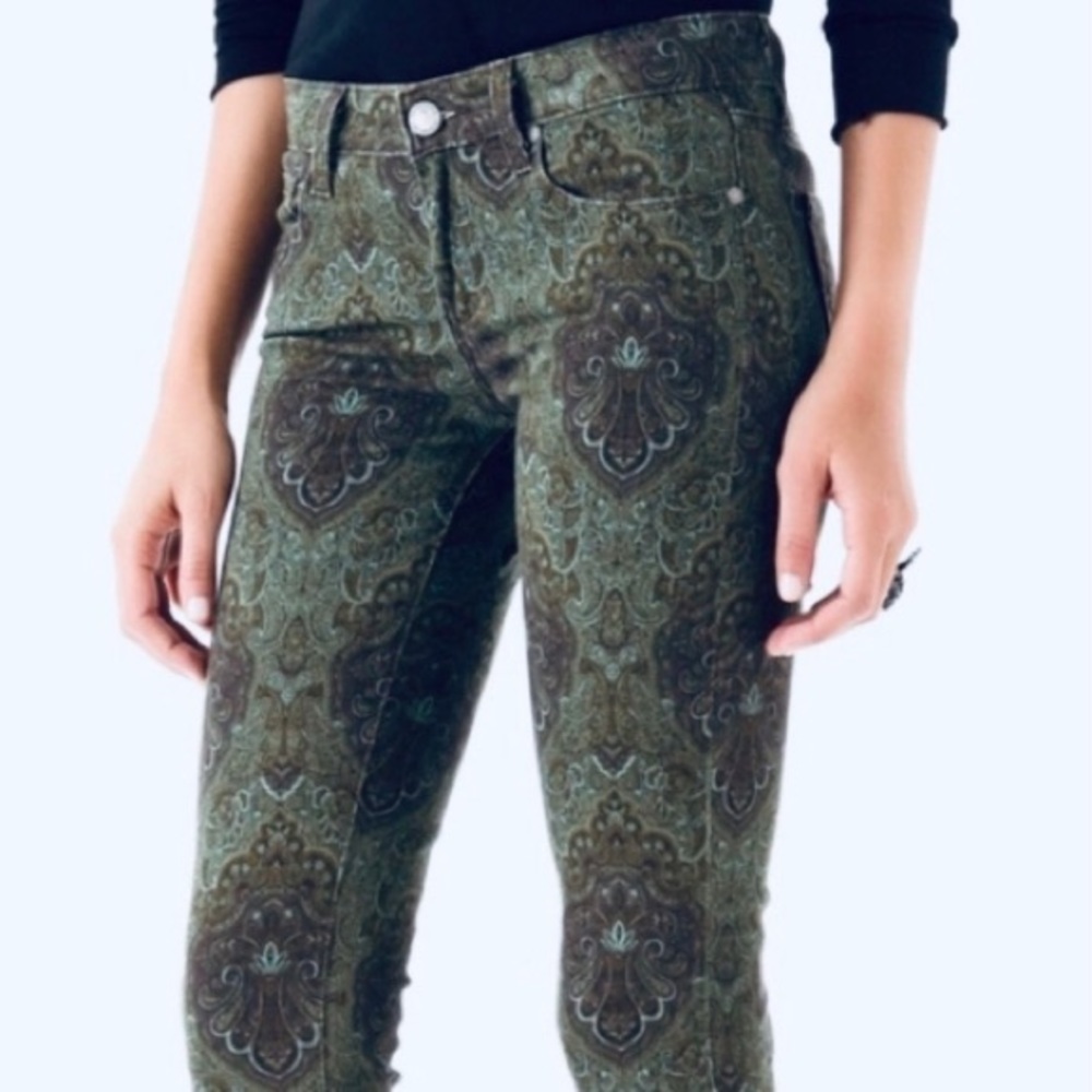 Boho PAIGE Jeans VERDUGO ULTRA SKINNY Jeggings Retro Paisley Green Black Size 29